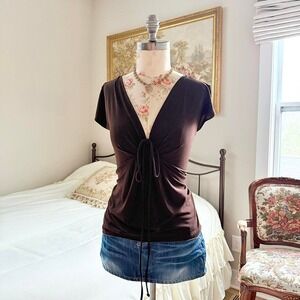 brown ruched tie front top